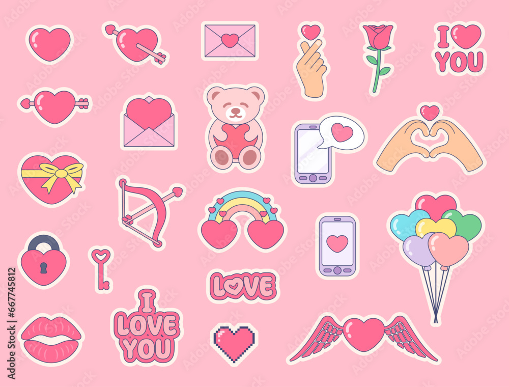 set of vector collection of stickers of objects related to Valentine's Day set of vector collection of stickers of objects related to Valentine's Day