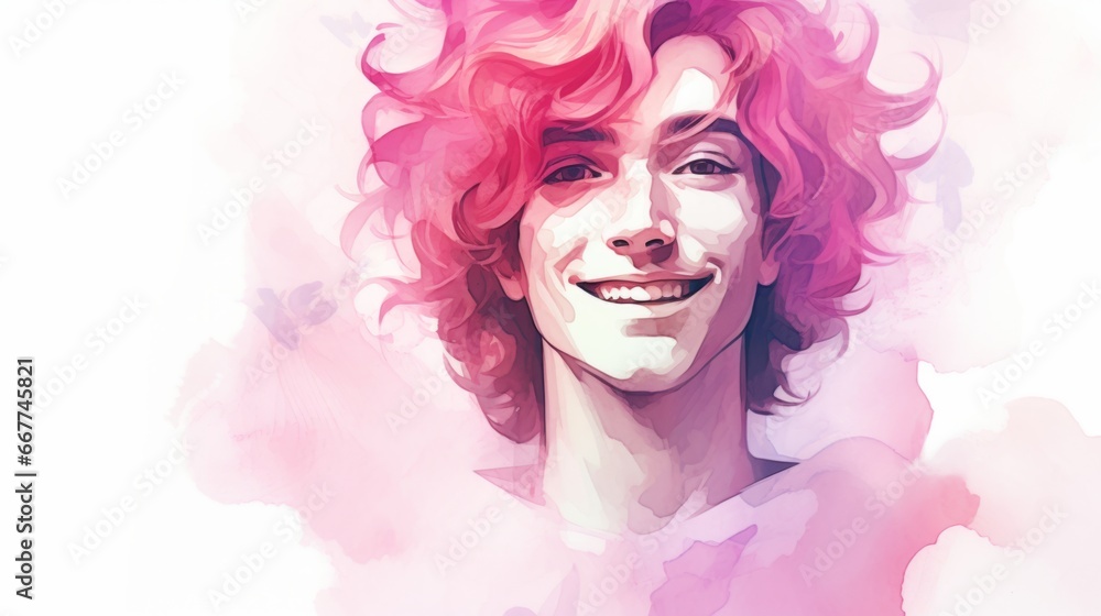 Smiling Teen White Man with Pink Curly Hair Watercolor Illustration. Portrait of Casual Person on white background with copy space. Photorealistic Ai Generated Horizontal Illustration.