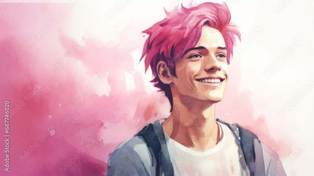 Smiling Teen White Man with Pink Straight Hair Watercolor Illustration. Portrait of Casual Person on white background with copy space. Photorealistic Ai Generated Horizontal Illustration.
