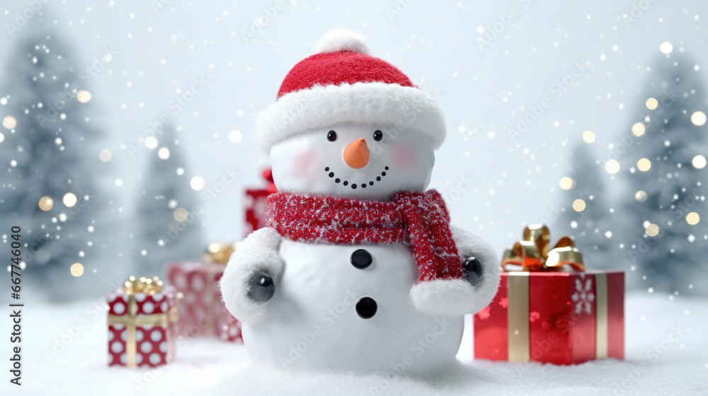 Christmas Eve Holiday Cute Snowman Giving Gifts in Outdoor Background Selective Focus Christmas Eve Holiday Cute Snowman Giving Gifts in Outdoor Background Selective Focus