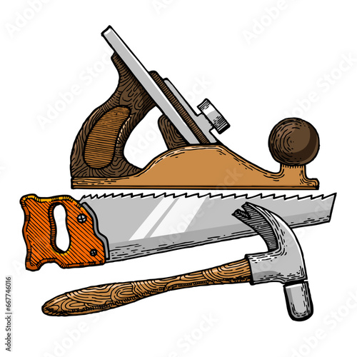 Carpentry tools hand drawn color sketch engraving vector illustration. Scratch board style imitation. Hand drawn image.