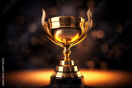 Gold winner cup, shining golden champion cup, trophy for the winner, award, victory, first place of competition, winning and success concept. Copy space.