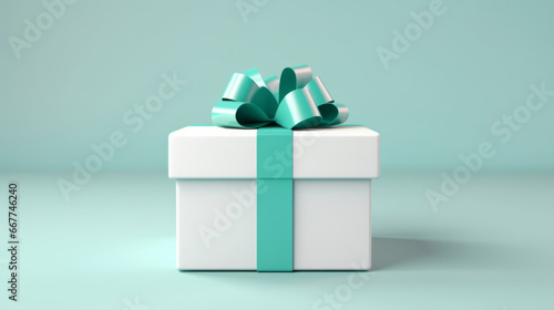 White gift box with turquoise bow on a turquoise background. Birthday present © Malambo/Peopleimages - AI