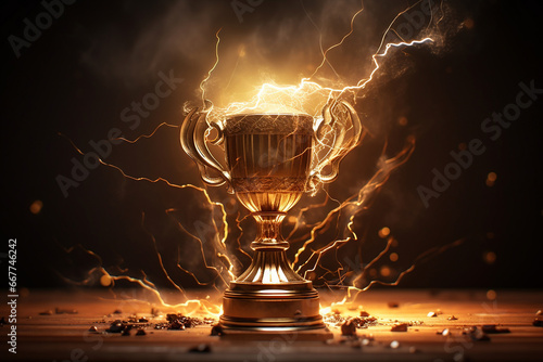 Gold winner cup, shining golden champion cup with lightning, trophy for the winner, award, victory, first place of competition, winning and success concept. Copy space.