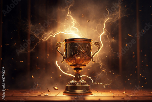 Gold winner cup, shining golden champion cup with lightning, trophy for the winner, award, victory, first place of competition, winning and success concept. Copy space.