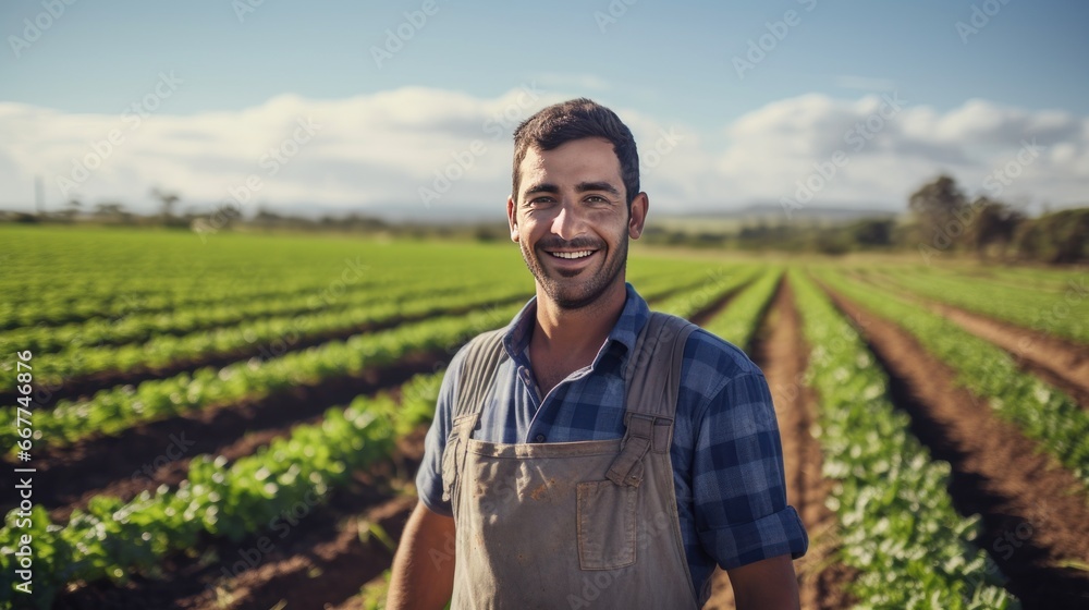 Fototapeta premium Happy male farmer looking at camera with beautiful field