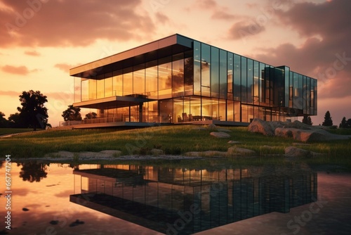 Modern building with glass walls against cloudy sundown sky in countryside. Generative AI
