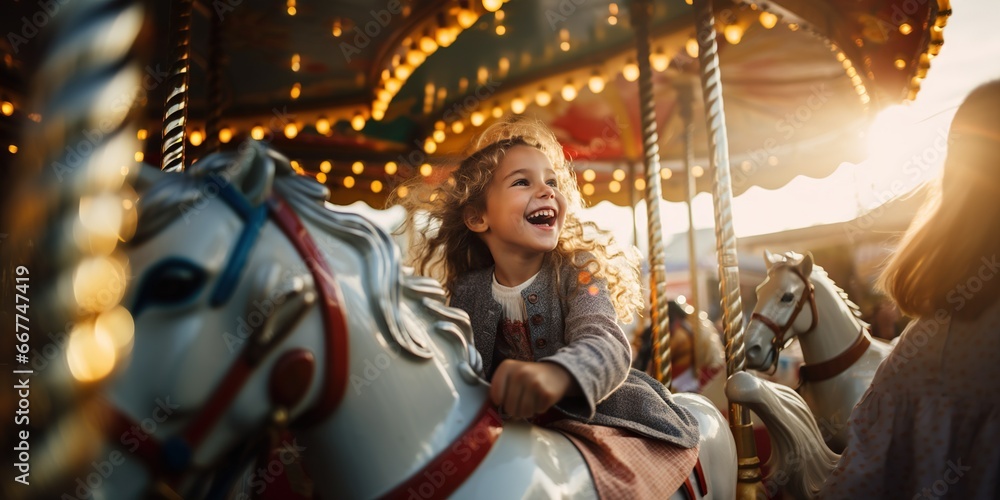 Joyful young girl radiates excitement while riding a vibrant carousel at an amusement park , concept of Euphoric energy