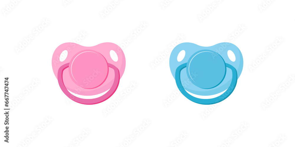 Child pacifier. Baby nipple set, blue and pink. Baby care equipment Child pacifier. Baby nipple set, blue and pink. Baby care equipment