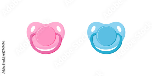 Child pacifier. Baby nipple set, blue and pink. Baby care equipment
