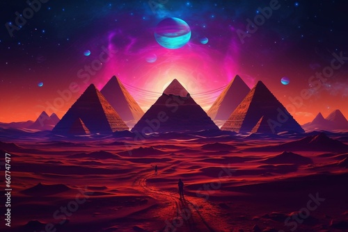 Desert with Egyptian landmarks. Glowing neon pyramids. Generative AI