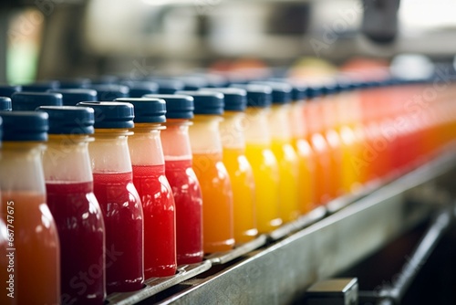 Fruit juice bottles on conveyor belt. Generative AI