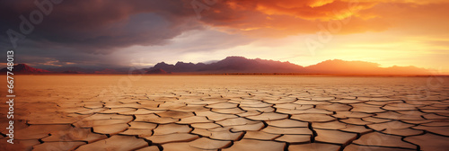 A sunset over a cracked desert somewhere on Earth, due to the lack of water and rising air temperatures caused by global warming