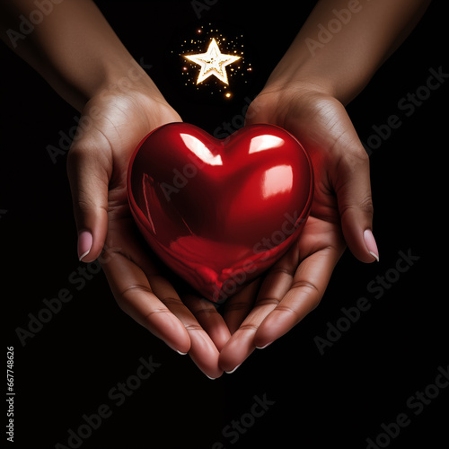 Christmas concept. Two beautiful female hands hold a three-dimensional shiny red heart, a symbol of love that is selflessly given. A little gold star sparkles a little above in Christmas night.  photo