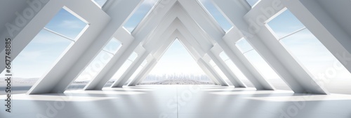 white architectural design,Empty Long Light Corridor. Modern white background. Futuristic Sci-Fi Triangle Tunnel