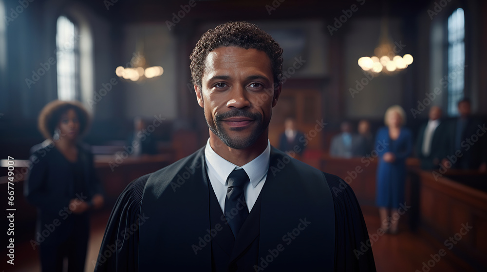 Fototapeta premium A young man, African American lawyer take a photo with his team, Constitutional Court background.