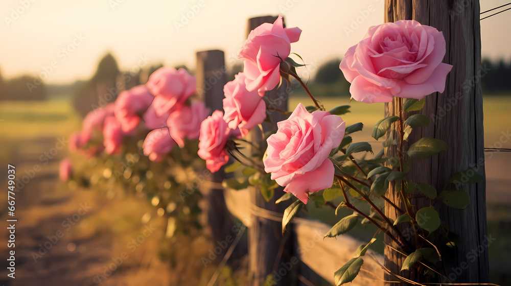 Pink roses on the fence background wallpaper poster PPT Stock ...