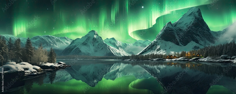 Aurora borealis, Green northern lights above mountains. Night sky with polar lights, Generative AI