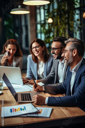 Happy business people executive team working at laptop using computer having discussion at office meeting showing financial project results consulting client investor at workplace,