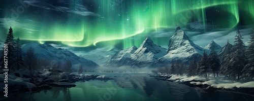 Aurora borealis, Green northern lights above mountains. Night sky with polar lights, Generative AI © kanesuan