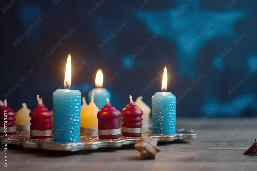 Religion image of jewish holiday Hanukkah with burning candles. AI generated Religion image of jewish holiday Hanukkah with burning candles. AI generated
