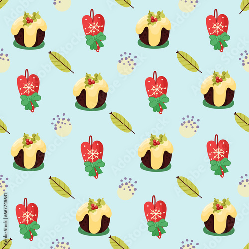 Christmas and Happy New Year seamless pattern with Christmas toys, gifts and sweets. Trendy retro style. Vector design template.