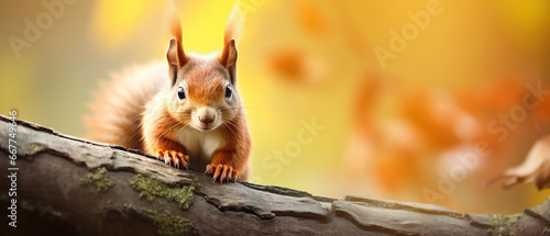 Animal wildlife background - Sweet cute red squirrel lies on branch of oak tree in forest and chills in the natural environment on a sunny autumn morning.