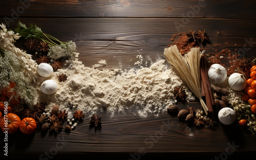 stół drewniany z rozsypaną mąką, przyprawami oraz dekoracją. karta, tło na życzenia świąteczne. photo