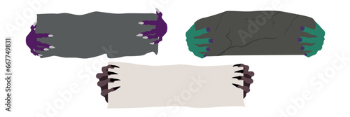 Halloween banners with witch, skeleton, vampire, zombie and werewolf hands.