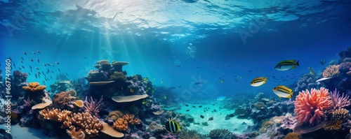 beautiful underwater scenery with various types of fish and coral reefs, Generative AI photo