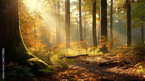 Beautiful autumnal forest into the morning light.