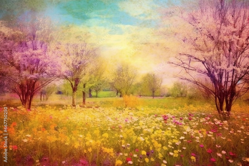 Floral meadow with blooming blossoms and vibrant spring background. Generative AI