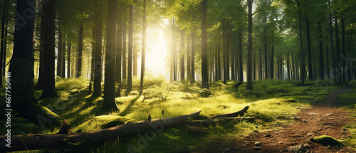 Beautiful forest panorama with large trees and bright sun, wide angle lens. © Santy Hong