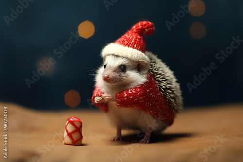 Christmas greeting postcard, hedgehog with red santa claus hat. Generative Ai