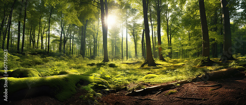 Beautiful forest panorama with large trees and bright sun, wide angle lens.