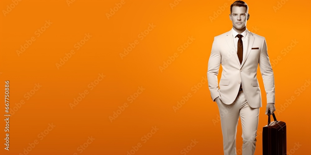 Fototapeta premium orange business banner background wallpaper featuring drawing of business man wearing a suit
