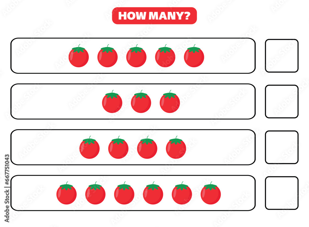 How many tomato are there? Educational worksheet design for children. Counting game for kids.