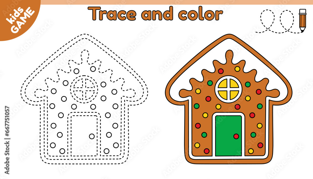 Kids educational game Tracing lines. Cartoon gingerbread house. Trace