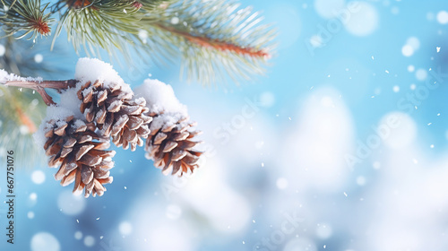 Christmas snowy winter holiday celebration greeting card - Closeup of oine branch with pine cones and snow, defocused blurred background with blue sky and bokeh lights and snowflakes.