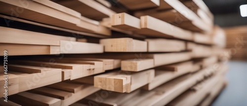 Stacked wooden bars in workshop of furniture manufacture