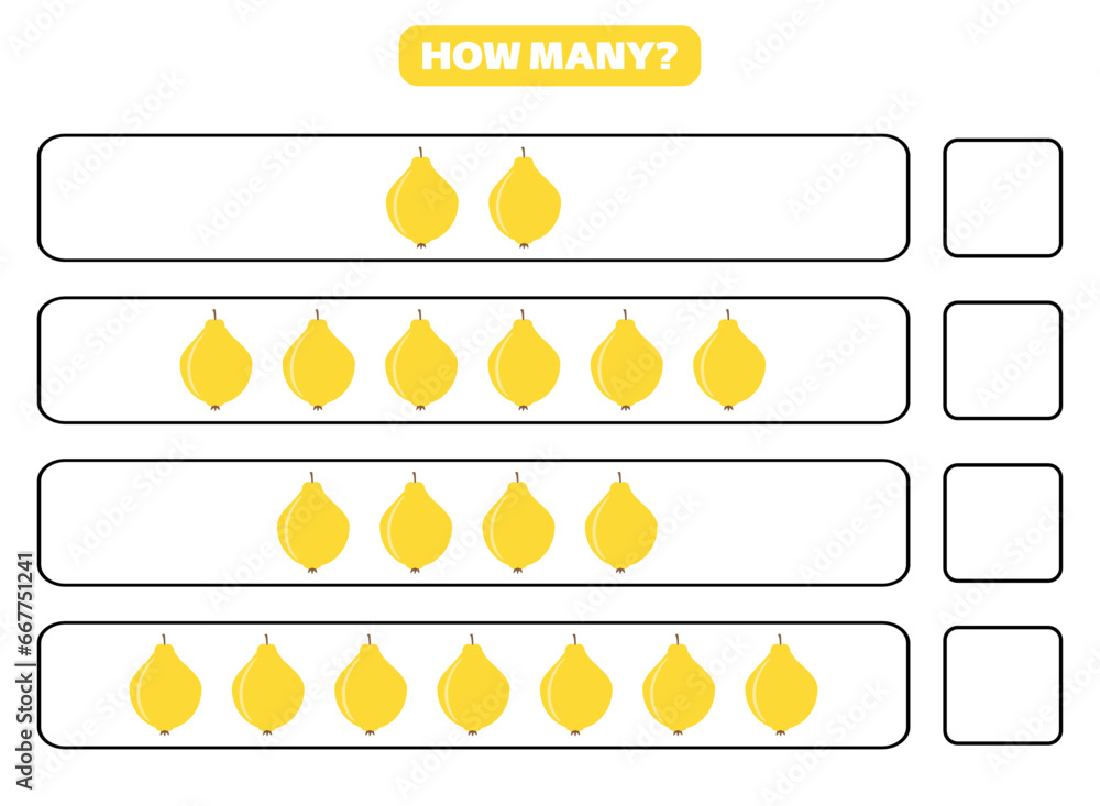How many quince are there? Educational worksheet design for children. Counting game for kids.