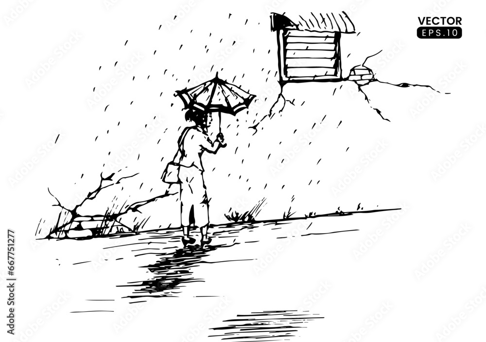 Naklejka premium Hand drawn vector illustration. landscape sketch vector formats with woman using umbrella when raining
