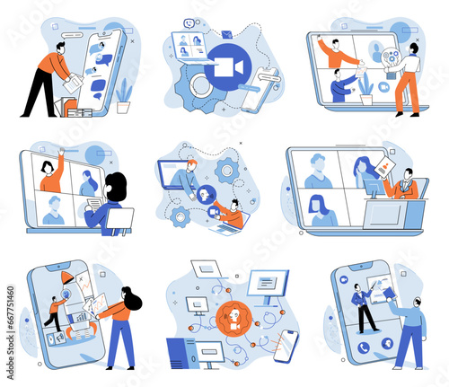 Video conference. Vector illustration. The video call allows for face-to-face conversations regardless location Video calling bridges physical distance between individuals Video calling enables