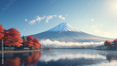 Colorful Autumn Season and Mountain Fuji with morning fog and red leaves at lake Kawaguchiko is one of the best places in Japan.