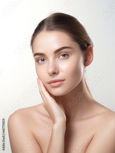 Portrait of a young woman with natural makeup and natural styling.Cosmetology,beauty and Spa Happy beautiful girl holding her cheeks with a laugh looking to the side.Pretty woman clean fresh skin.