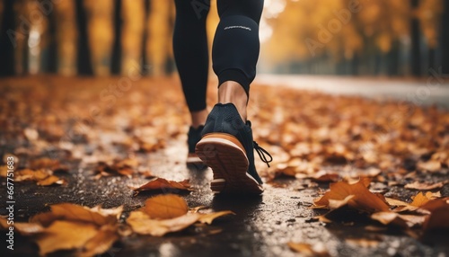 Running or Jogging outdoors in rainy autumn weather with leaves in warm colors on the ground.