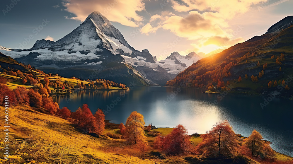 Fantastic evening panorama of Bachalp lake / Bachalpsee, Switzerland. Picturesque autumn sunset in Swiss alps, Grindelwald, Bernese Oberland, Europe. Beauty of nature concept background. - obrazy, fototapety, plakaty 