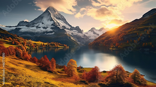 Fantastic evening panorama of Bachalp lake / Bachalpsee, Switzerland. Picturesque autumn sunset in Swiss alps, Grindelwald, Bernese Oberland, Europe. Beauty of nature concept background. © Santy Hong