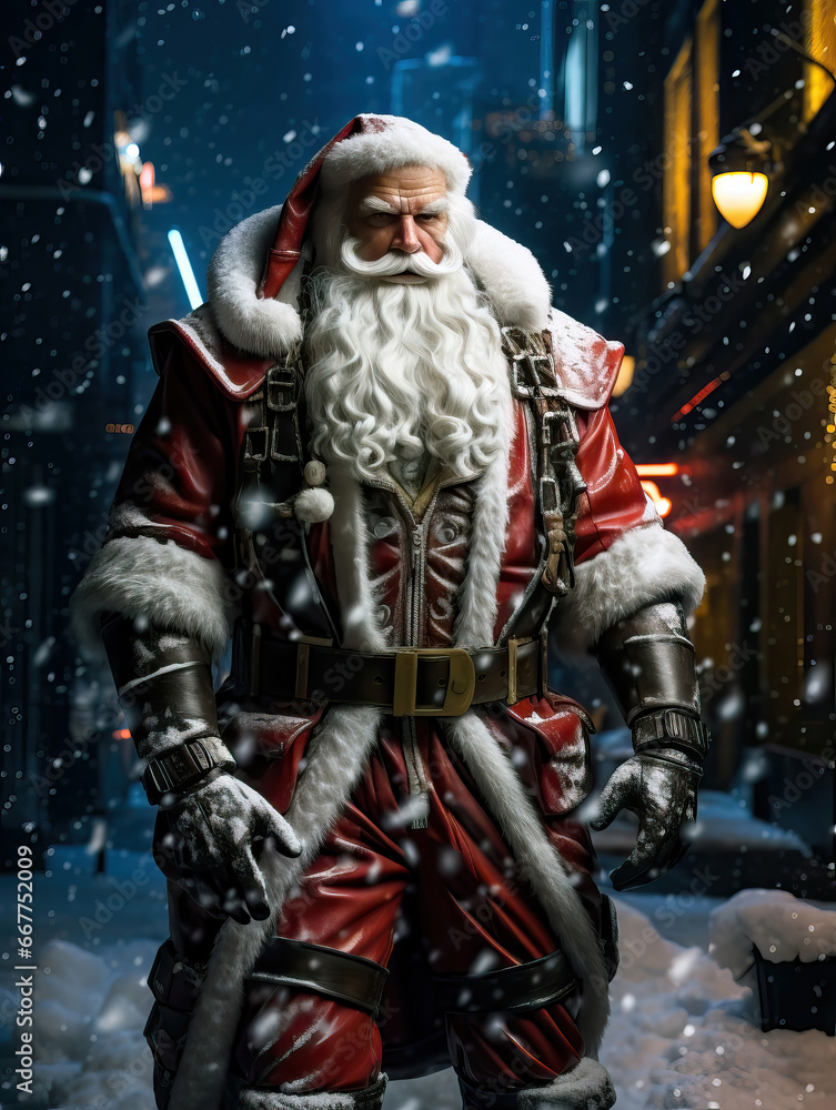 Futuristic Santa Claus like a hero in a snowy city at night. Funny christmas concept.