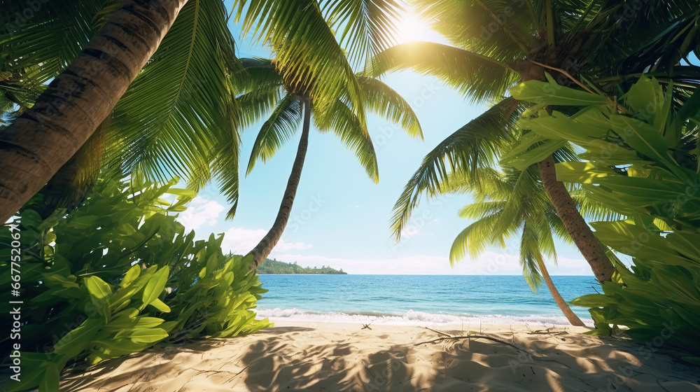 Obraz premium Green Palms on tropical beach.